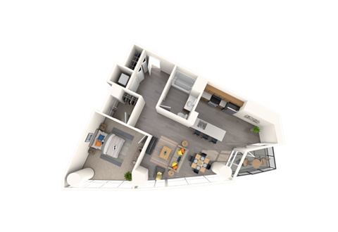 Floor plan for 1 bed, 1 bath, 858 sqft