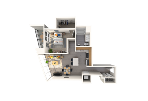 Floor plan for 1 bed, 1 bath, 738 sqft