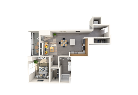 Floor plan for 1 bed, 1 bath, 842 sqft