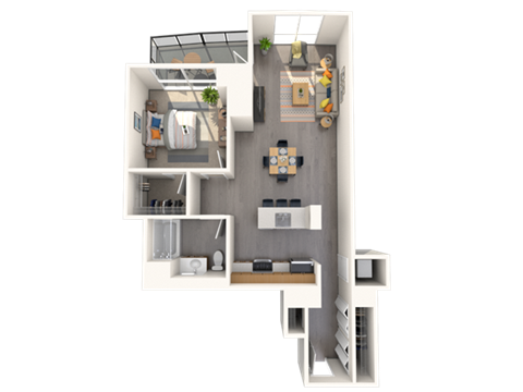 Floor plan for 1 bed, 1 bath, 889 sqft