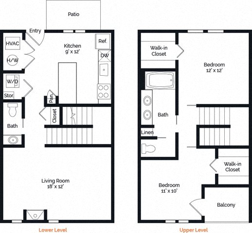 Floor plan for 2 beds, 1.5 baths, 1174 sqft