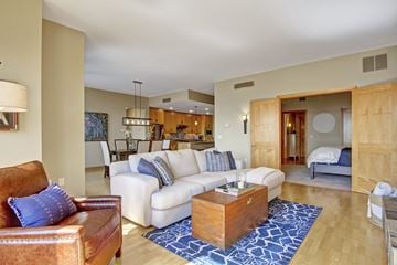 Spring Park apartment for rent - A living room with a brown leather couch and a white couch with blue pillows.