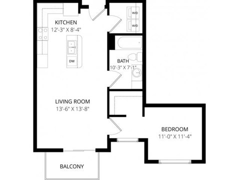 Floor plan for 1 bed, 1 bath, 675 sqft