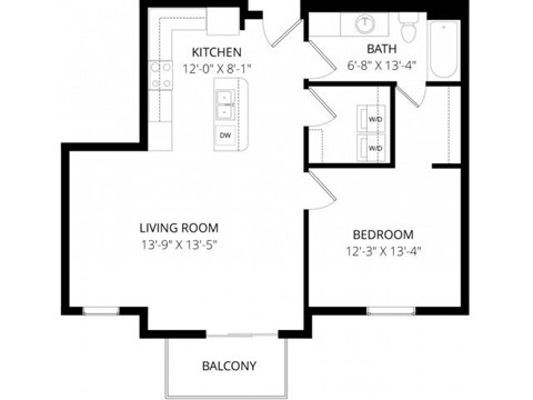 Floor plan for 1 bed, 1 bath, 803 sqft