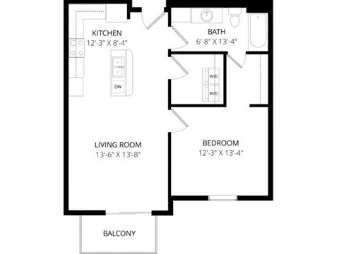 Floor plan for 1 bed, 1 bath, 717 sqft