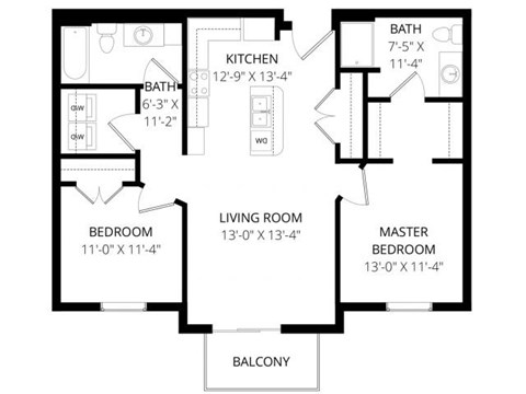 Floor plan for 2 beds, 2 baths, 997 sqft