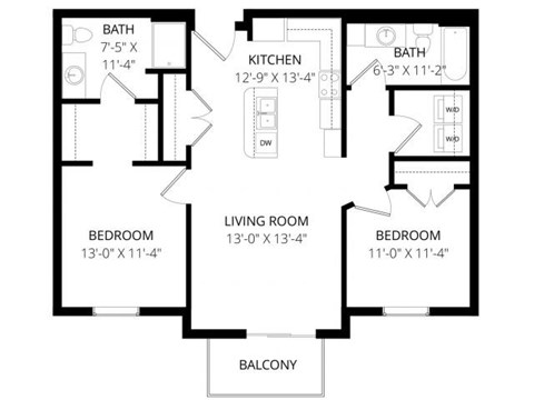 Floor plan for 2 beds, 2 baths, 949 sqft