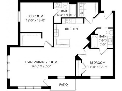 Floor plan for 2 beds, 2 baths, 1073 sqft