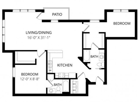 Floor plan for 2 beds, 2 baths, 1267 sqft