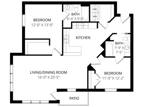Floor plan for 2 beds, 2 baths, 1131 sqft