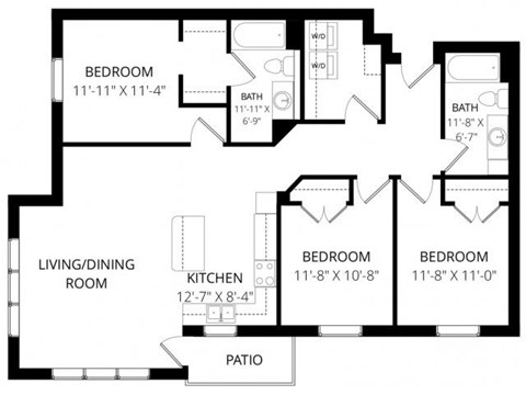 Floor plan for 3 beds, 2 baths, 1285 sqft