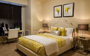 St. Louis Park apartment for rent - A bedroom with a large bed and a desk with a chair.
