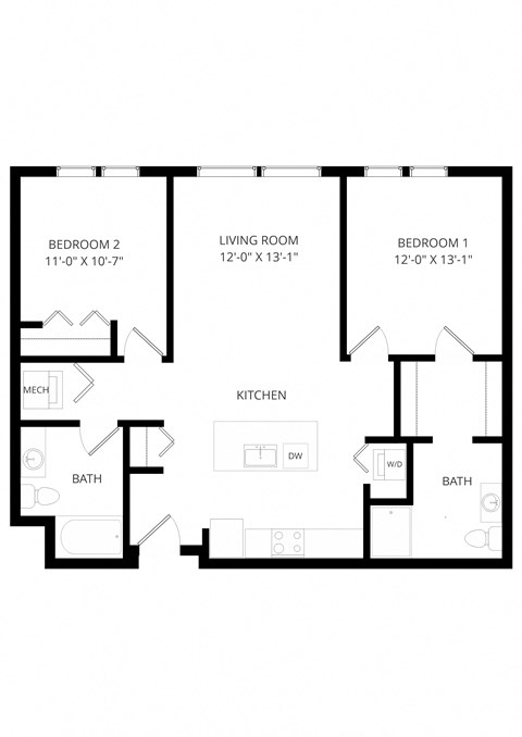 Floor plan for 2 beds, 2 baths, 1010 sqft