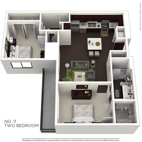 Floor plan for 2 beds, 2 baths, 971 sqft