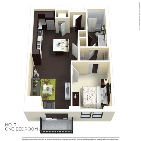 Floor plan for 1 bed, 1 bath, 698 sqft