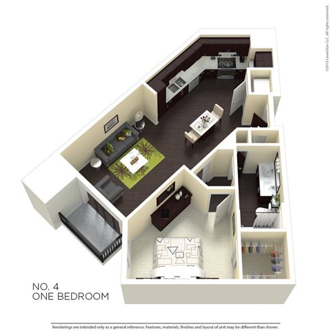 Floor plan for 1 bed, 1 bath, 732 sqft