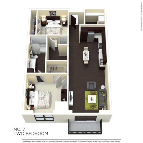 Floor plan for 2 beds, 2 baths, 983 sqft