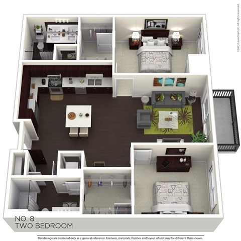 Floor plan for 2 beds, 2 baths, 1121 sqft
