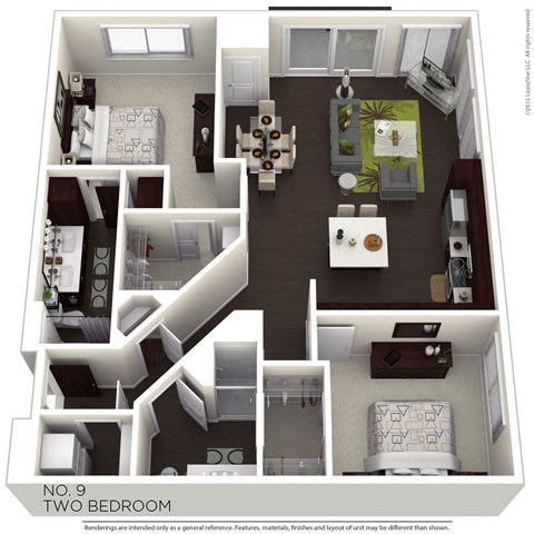 Floor plan for 2 beds, 2 baths, 1278 sqft