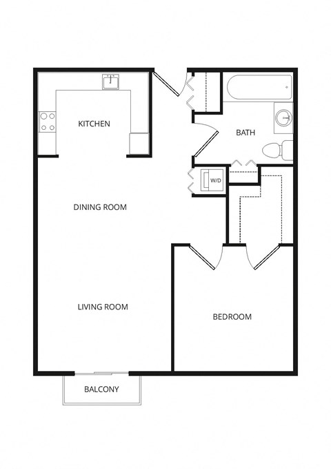 Floor plan for 1 bed, 1 bath, 725 sqft