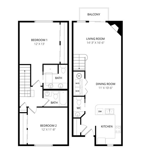 Floor plan for 2 beds, 2 baths, 1150 sqft