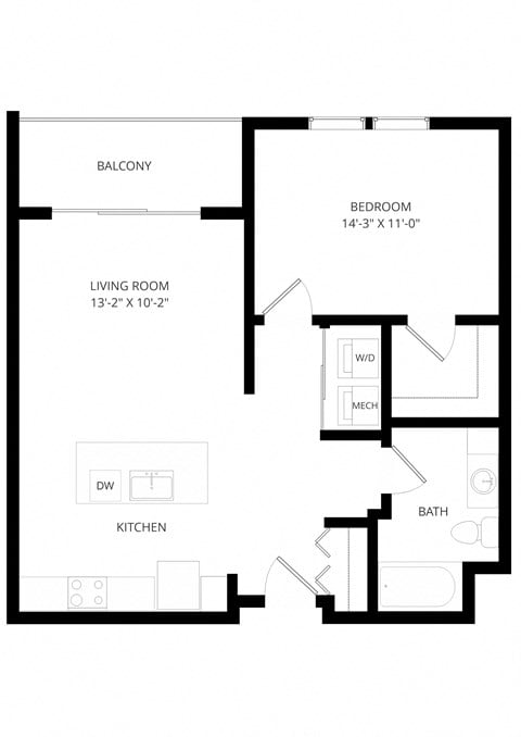 Floor plan for 1 bed, 1 bath, 709 sqft
