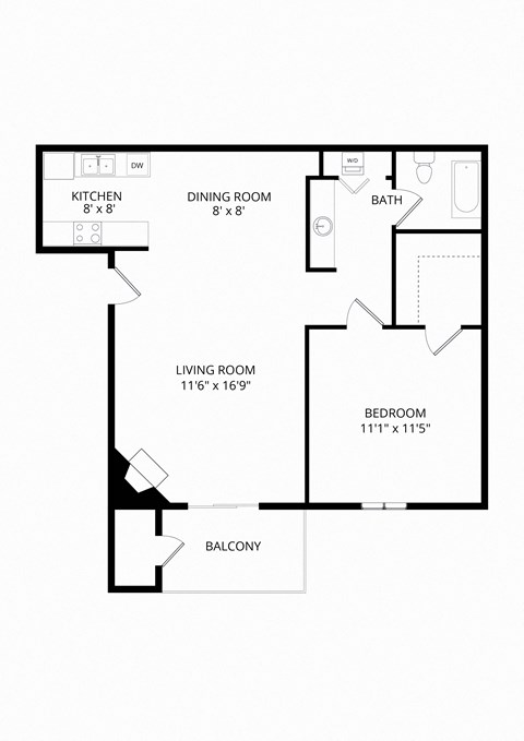 Floor plan for 1 bed, 1 bath, 694 sqft