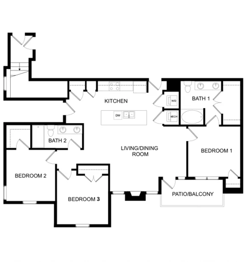 Floor plan for 3 beds, 2 baths, 1328 sqft
