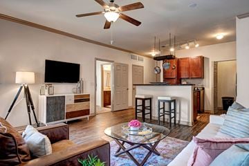 Oklahoma City apartment for rent - A living room with a brown couch and a coffee table.