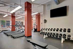 Oklahoma City apartment for rent - A spacious fitness center here at Aviare Arts District with treadmills, free weights, weight benches, and mounted TVs, creating a bright and functional environment for strength training and cardio workouts.