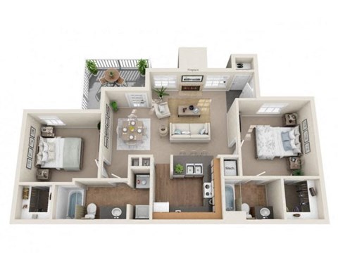 Floor plan for 2 beds, 2 baths, 1000 sqft