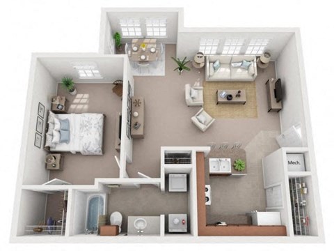 Floor plan for 1 bed, 1 bath, 856 sqft