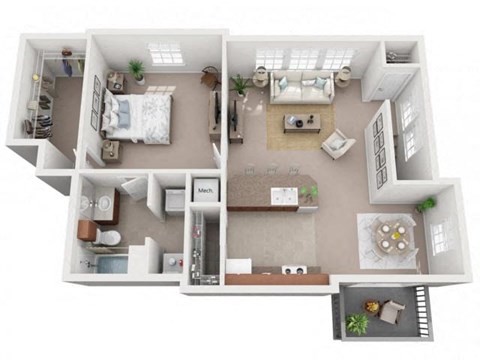 Floor plan for 1 bed, 1 bath, 805 sqft