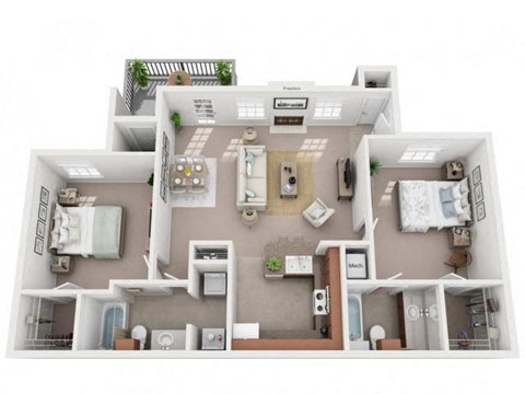 Floor plan for 2 beds, 2 baths, 1050 sqft
