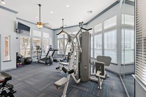 Oklahoma City apartment for rent - A fitness center here at Quail Landing with modern strength machines, cardio equipment, blue patterned flooring, and tall windows that fill the space with bright natural light.