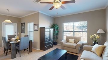 Oklahoma City apartment for rent - A living room with a dining table and chairs.