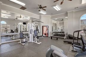 Oklahoma City apartment for rent - A well-equipped fitness center here at Stoneleigh on May with cardio machines, weight equipment, mirrored walls, and bright lighting. Ceiling fans and open space create an energizing, comfortable workout environment.