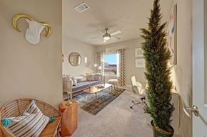 Oklahoma City apartment for rent - A living room with a couch, a chair, a potted tree, and a ceiling fan.