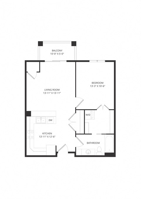 Floor plan for 1 bed, 1 bath, 718 sqft
