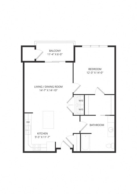 Floor plan for 1 bed, 1 bath, 851 sqft