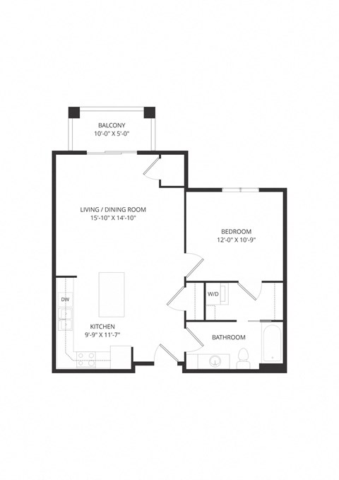 Floor plan for 1 bed, 1 bath, 744 sqft