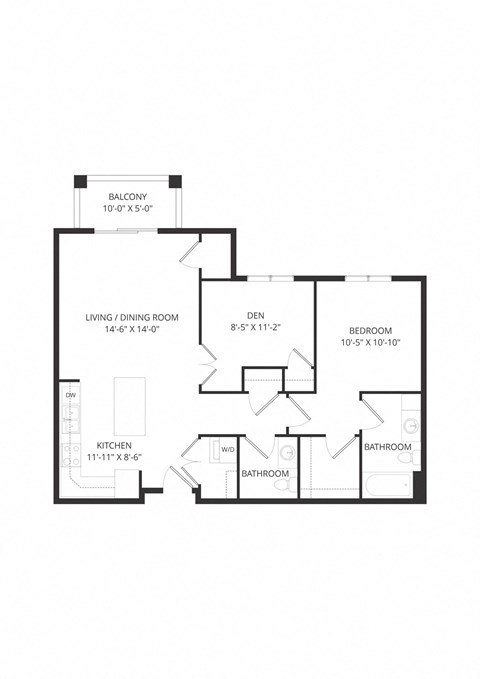 Floor plan for 1 bed, 1.5 baths, 942 sqft