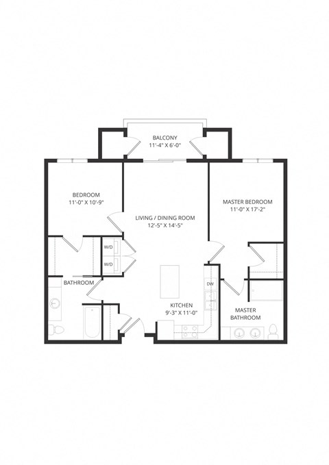 Floor plan for 2 beds, 2 baths, 1037 sqft