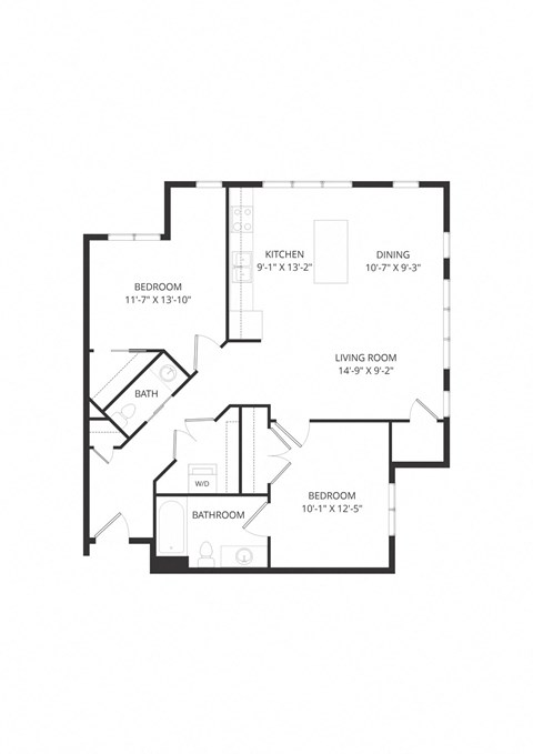 Floor plan for 2 beds, 1.5 baths, 975 sqft
