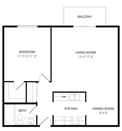 Floor plan for 1 bed, 1 bath, 725 sqft