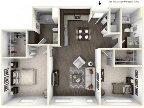 Floor plan for 2 beds, 2 baths, 1038 sqft