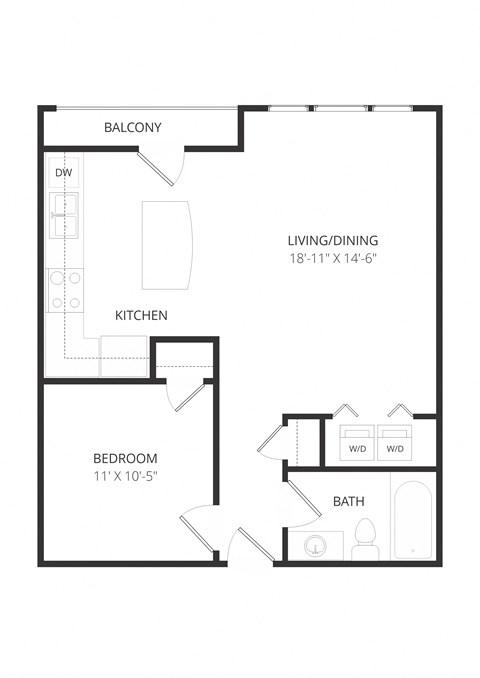 Floor plan for 1 bed, 1 bath, 703 sqft