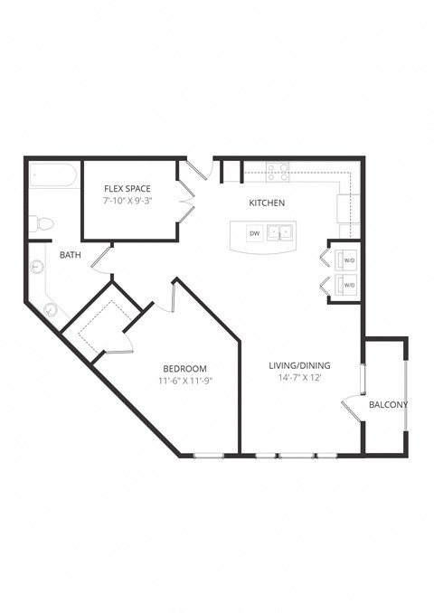Floor plan for 1 bed, 1 bath, 913 sqft