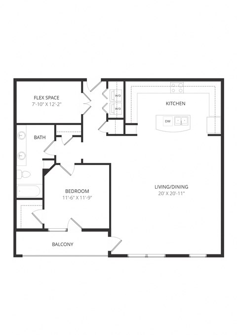 Floor plan for 1 bed, 1 bath, 1206 sqft