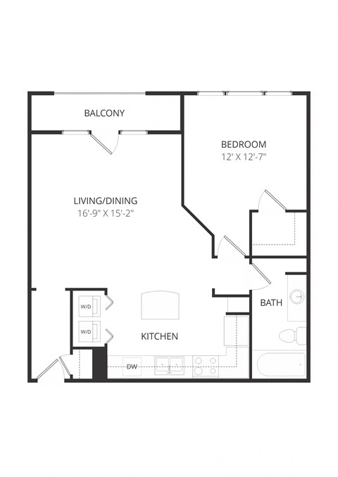Floor plan for 1 bed, 1 bath, 826 sqft